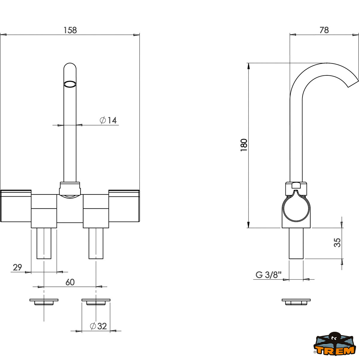 Trem kompakter Mischhahn aus verchromtem Messing mit kurzem Auslauf 80 mm