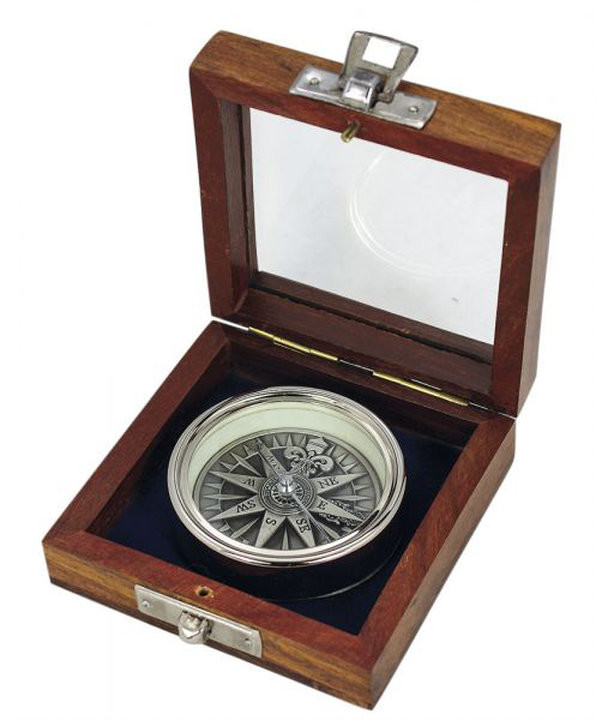 Kompass verchromt in Holzbox