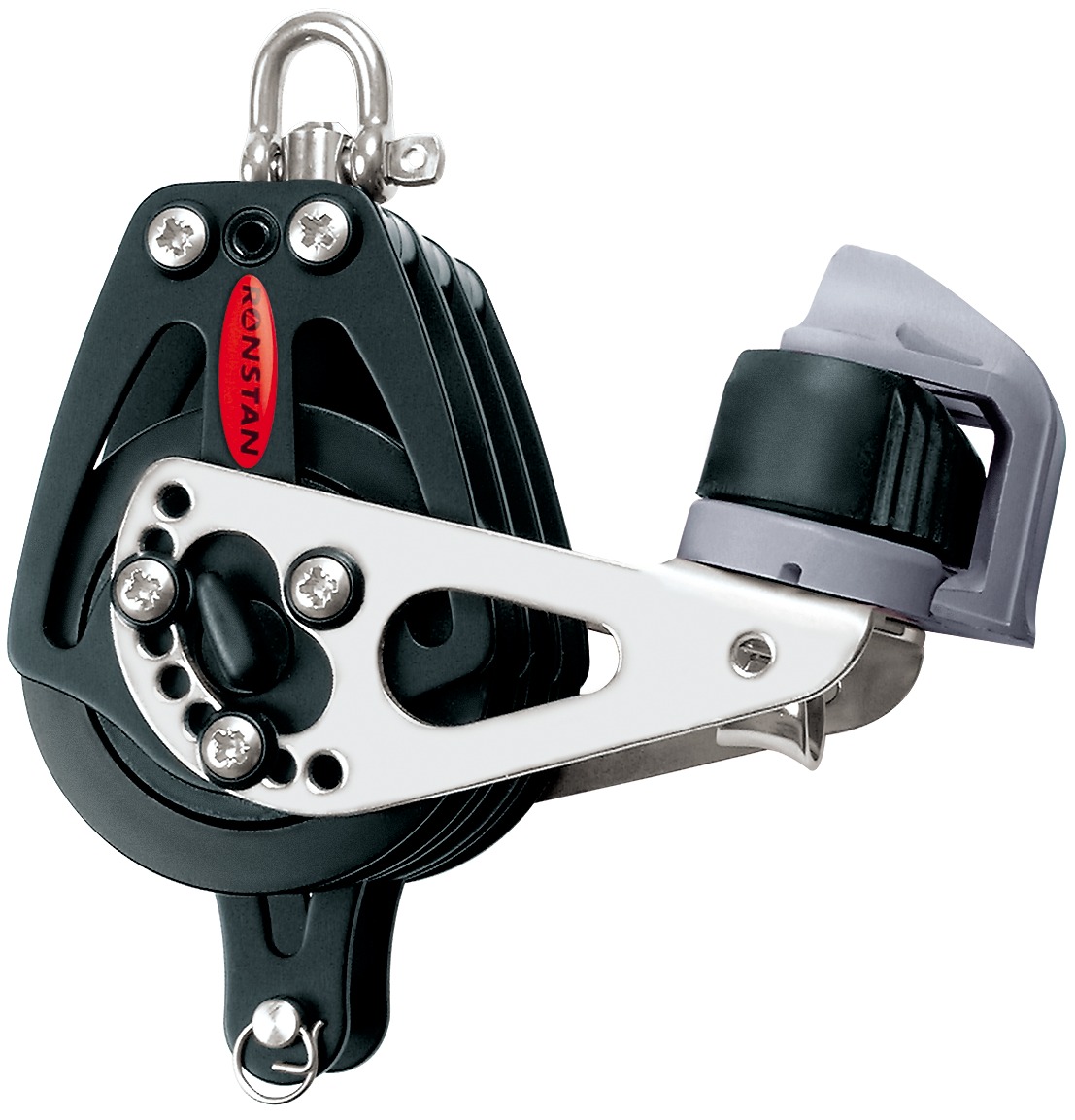 Ronstan Dreifach Rätschblock Serie 75 mit Hundsfott, Schotklemme und blockierbarem Wirbelschäkel